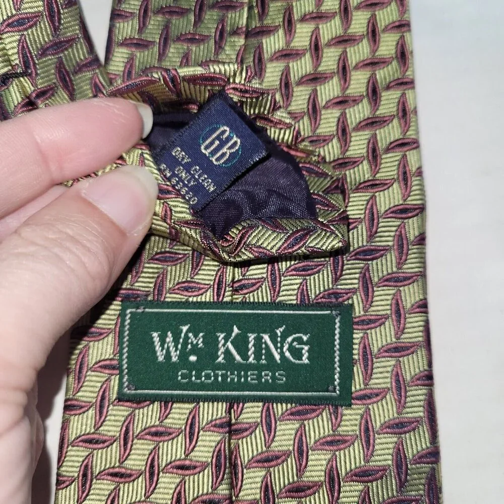 Wm King Clothiers Silk Necktie Mens One Size Olive Green Burgundy Geometric Leaf